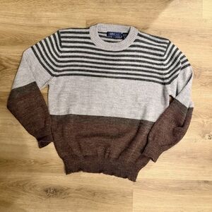 Vintage Astor One Striped Sweater Men’s L Gray Black Brown Crewneck
